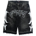 PHANTOM GREY “GRAFFITI BLITZ” LONG STRAIGHT DENIM SHORTS