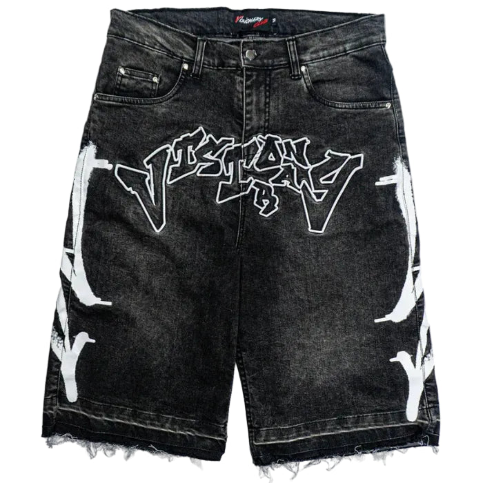 PHANTOM GREY “GRAFFITI BLITZ” LONG STRAIGHT DENIM SHORTS