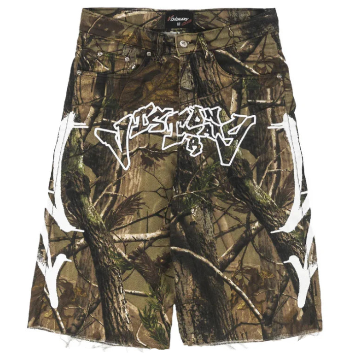 CAMO “GRAFFITI BLITZ” LONG STRAIGHT DENIM SHORTS